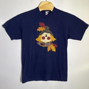Vintage Jerzees Womens L Blue Embroidered Short‎ Sleeve Fall Scarecrow T Shirt